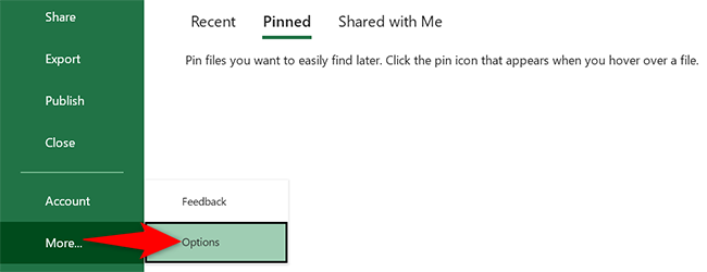 Выбор Дополнительно > Параметры в боковой панели Excel