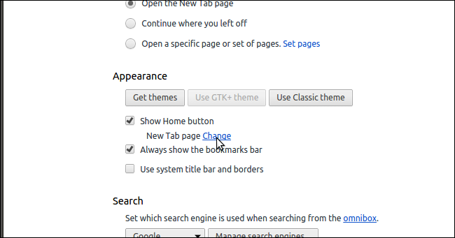 Выбор домашней страницы в настройках Chrome