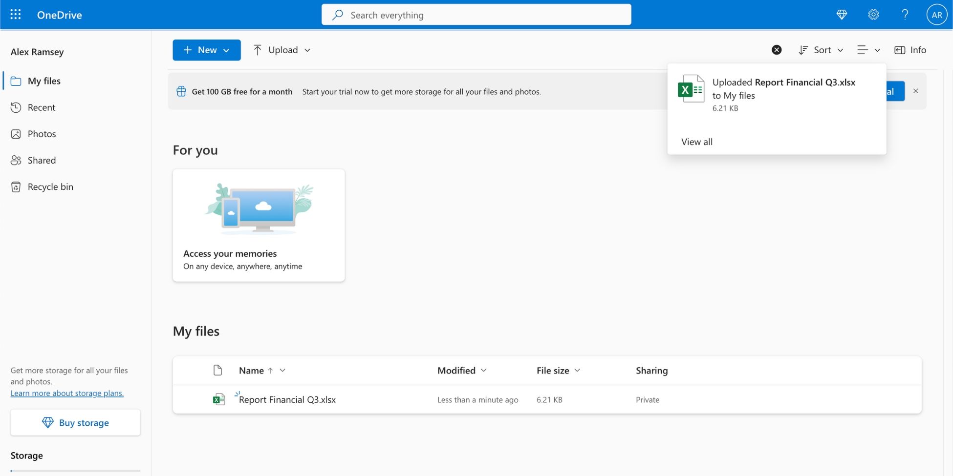 Уведомление о успешной загрузке файла Excel в OneDrive