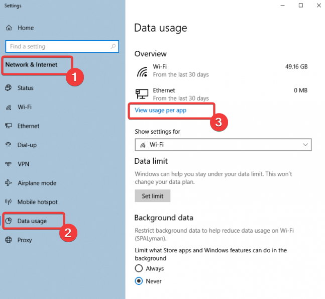 Параметры Windows: просмотр использования данных по приложениям