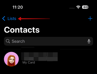 Кнопка Списки в приложении Телефон на iPhone