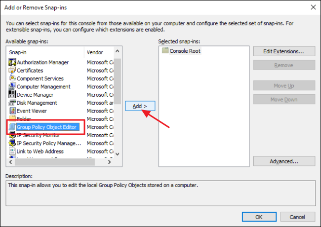 Диалог выбора объекта групповой политики — кнопка Обзор