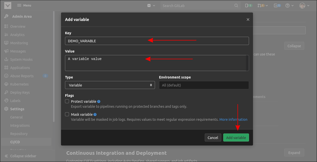 Скриншот: добавление переменной в интерфейсе GitLab CI