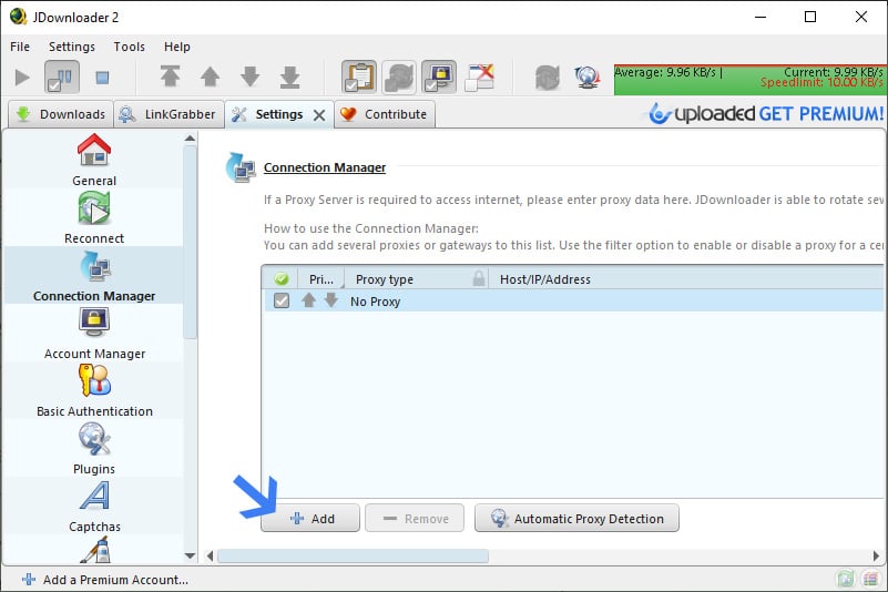 JDownloader의 프록시 추가 화면