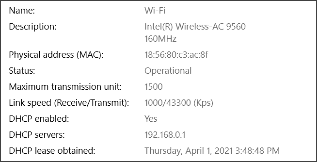 Значение «Скорость соединения» для адаптера