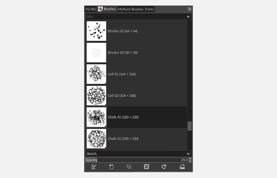 Диалог кистей GIMP можно настроить