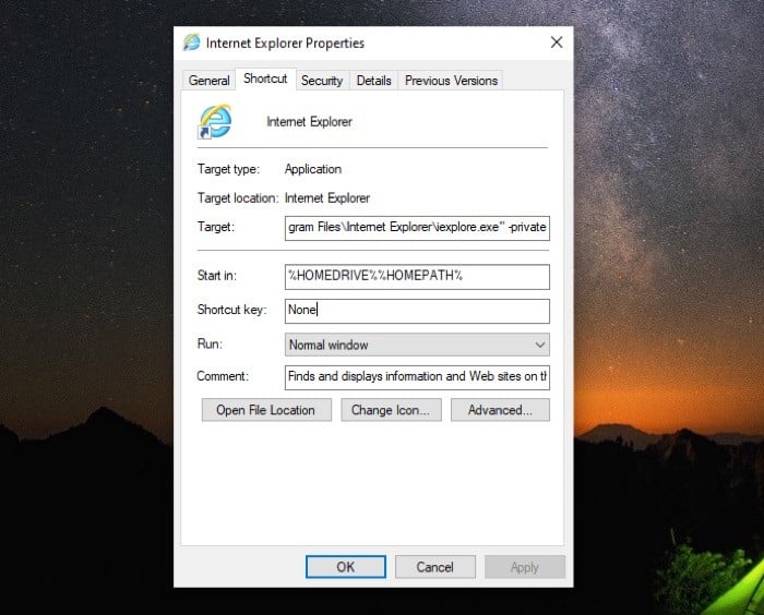 Запуск Internet Explorer в приватном режиме на Windows