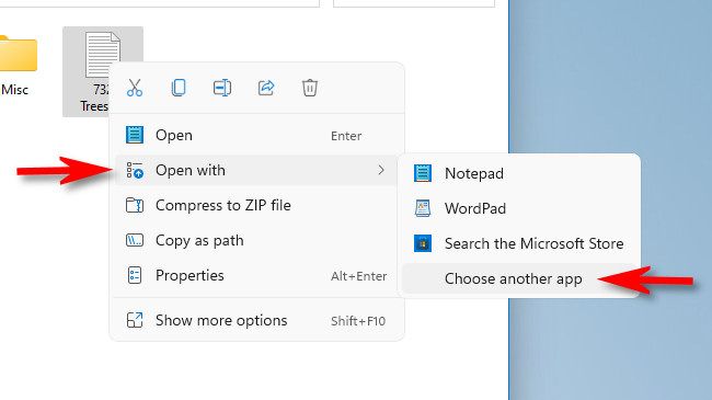 Щёлкните файл правой кнопкой, выберите Открыть с помощью, затем Выбрать другое приложение