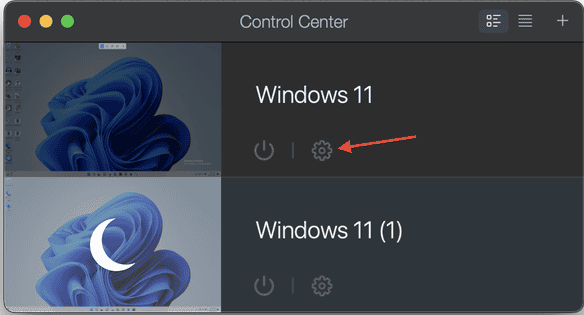 Настройки Parallels для Windows 11 — значок шестерёнки