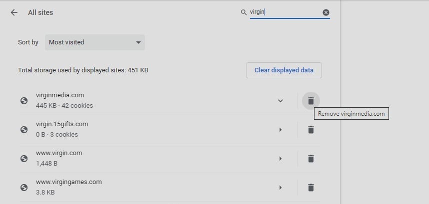 Очистка данных сайта Virgin в браузере