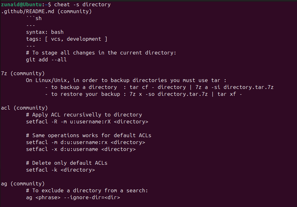 Searching for the phrase directory among the cheatsheets using the cheat command.