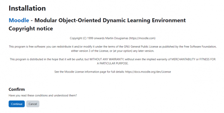 Экран приветствия установки Moodle