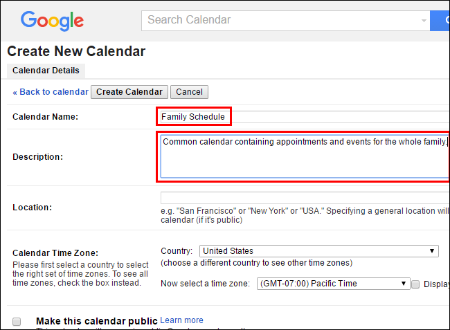 Форма создания календаря с полями название описание и часовой пояс