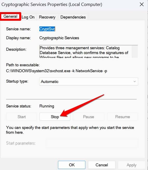 Кнопка Остановить сервис Cryptographic Services