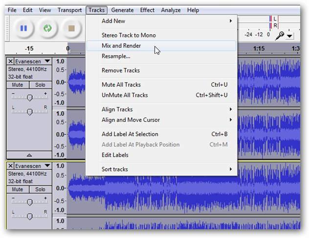 Pistas mezcladas en Audacity para cancelar la instrumental