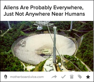 Опции при наведении на статью: поделиться, архивировать, удалить