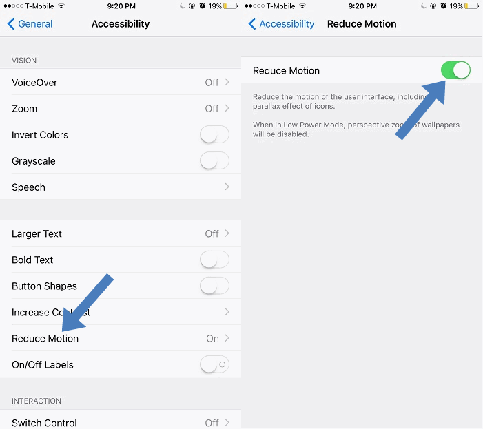 Экран настроек уменьшения движения