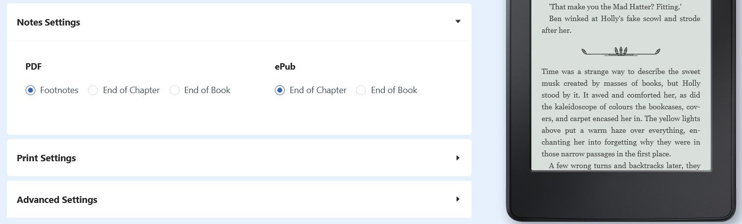 Настройки сносок для книг в Atticus