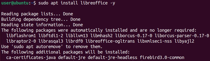 Терминал Linux с командой установки LibreOffice через apt