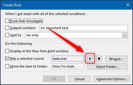 Окно Создать правило с выделенной кнопкой воспроизведения