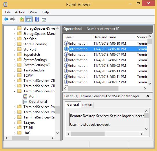 Просмотр событий входа в 'Просмотр событий' — журнал TerminalServices-LocalSessionManager