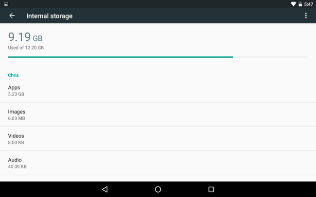 Обзор использования памяти: категории Приложения, Изображения, Видео