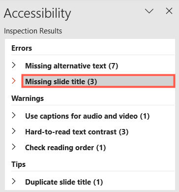Счётчик отсутствующих заголовков слайдов в панели доступности