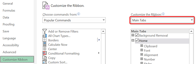 Выберите «Основные вкладки» в списке настройки ленты.