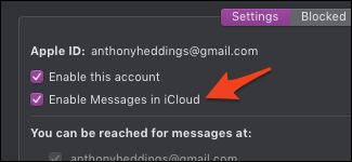 Переключатель «Включить Сообщения в iCloud» в настройках