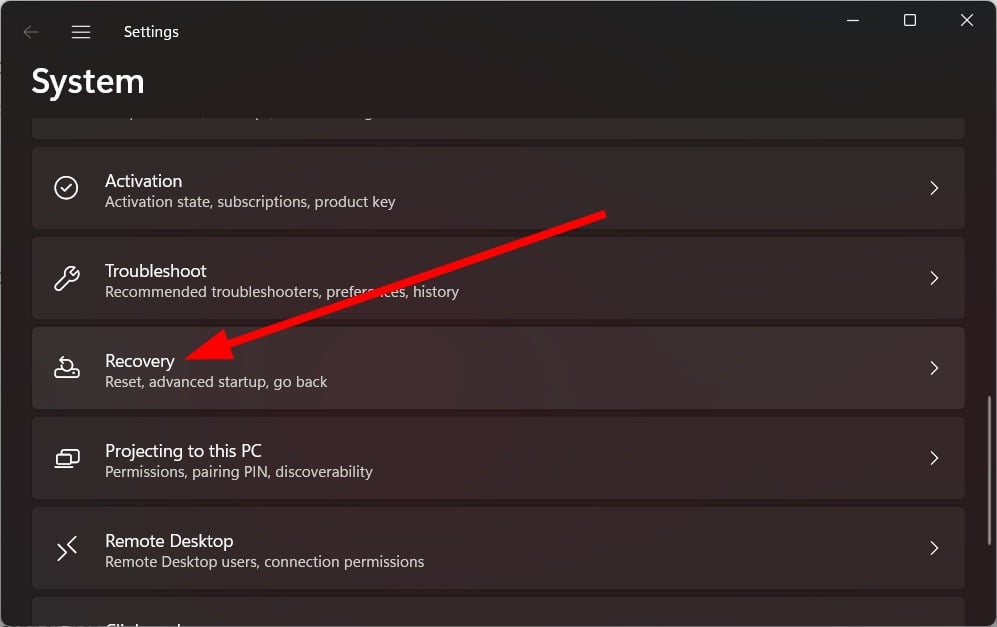 Пункт Recovery в Settings