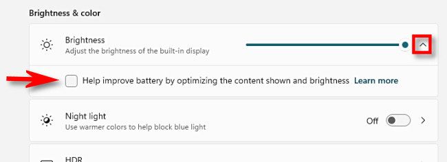 Снимите галочку «Help improve battery by optimizing the content shown and brightness».