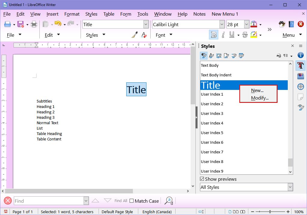 Редактирование стиля в LibreOffice Writer