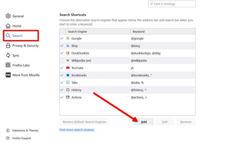 Пользователь создаёт новый поисковый ярлык в Firefox