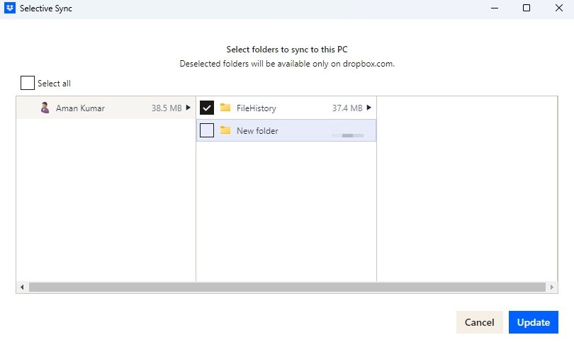Кнопка «Update» для подтверждения выбора папок в Dropbox