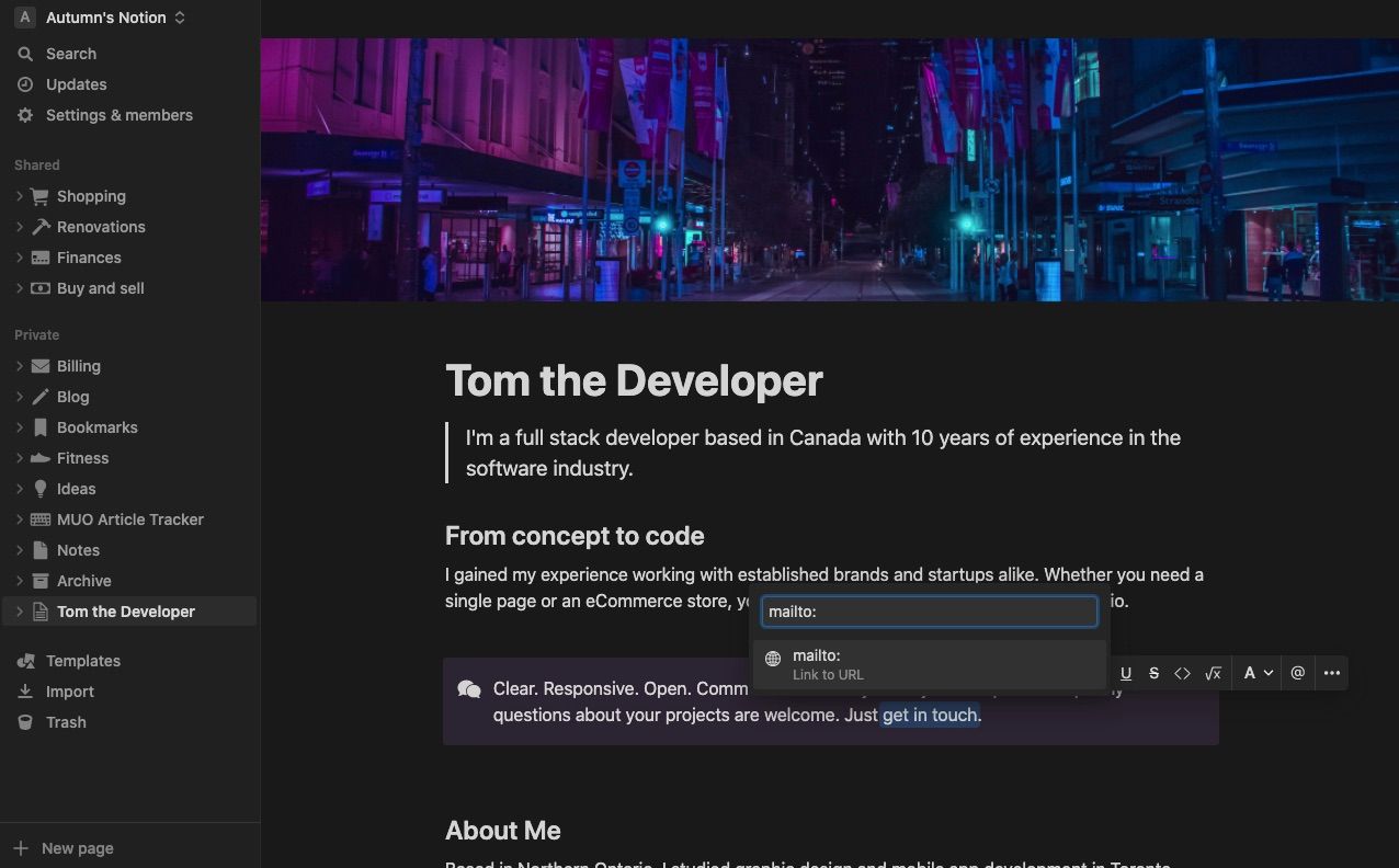 Параметры ссылок на почту в Notion