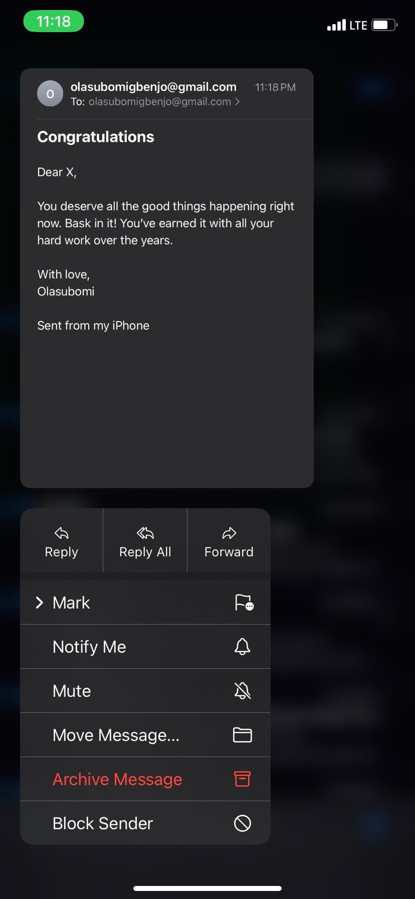 Перемещение сообщения в iOS Mail через контекстное меню