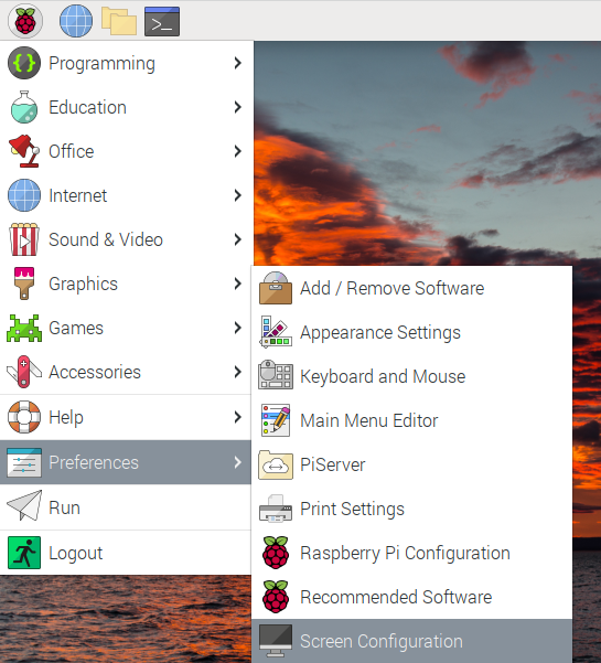 Меню Preferences в рабочем столе Raspberry Pi