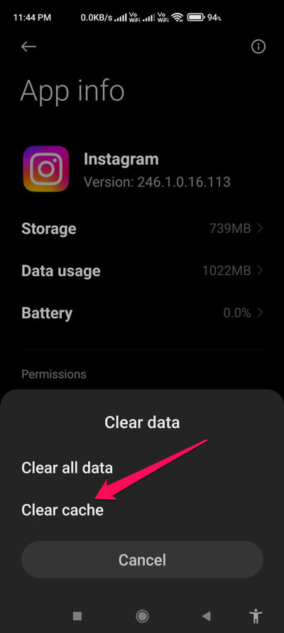 Кнопка очистки кэша Instagram Android