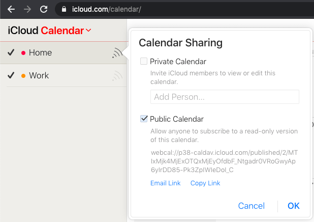 Кнопка шаринга календаря в iCloud
