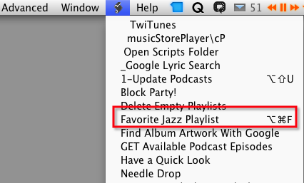Иконка AppleScript в строке меню iTunes с доступными скриптами