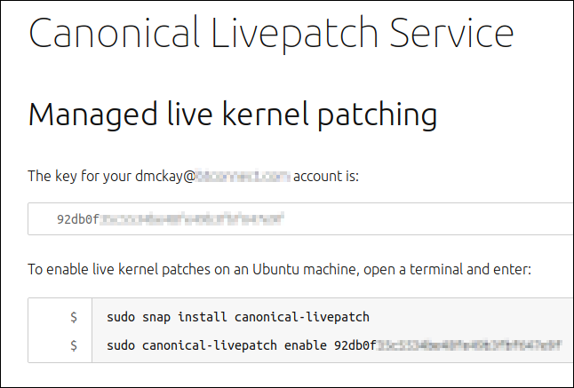 Страница управления live kernel patching с отображением токена
