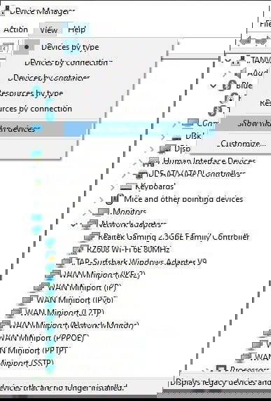 Mostrar dispositivos ocultos en Administrador de dispositivos.