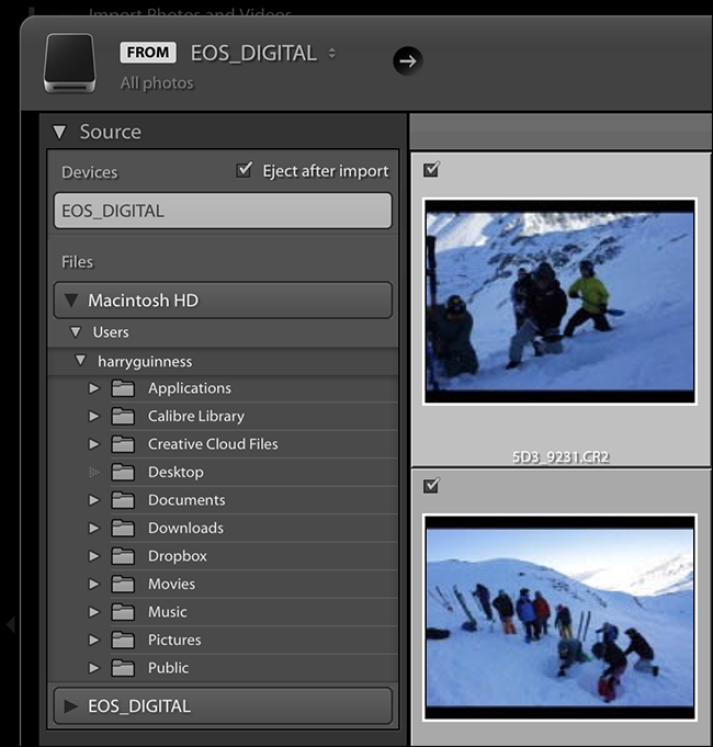 Список источников в окне импорта