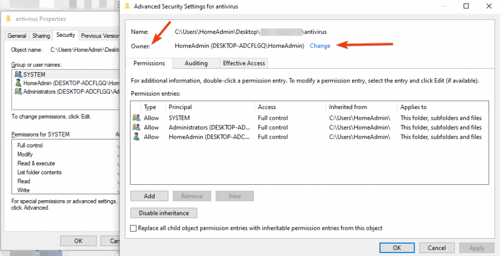 Изменение владельца файла в свойствах