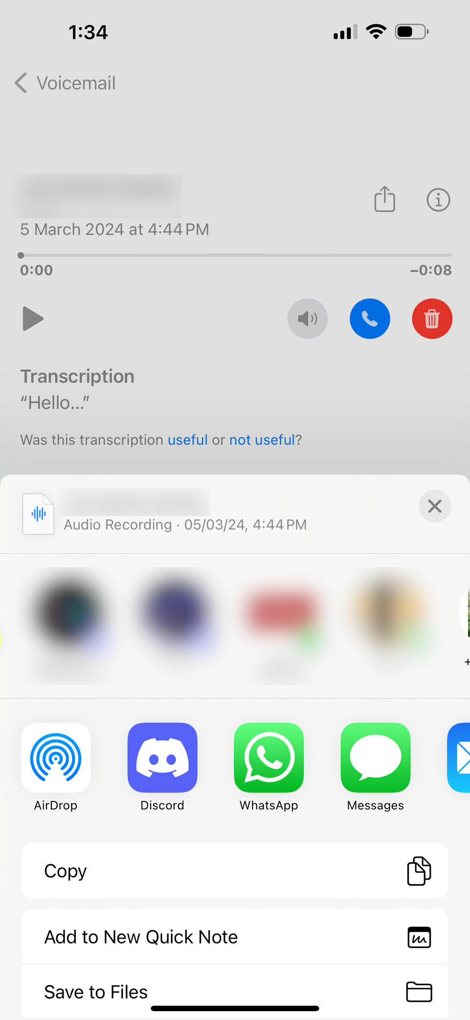 Voicemail share options in iOS