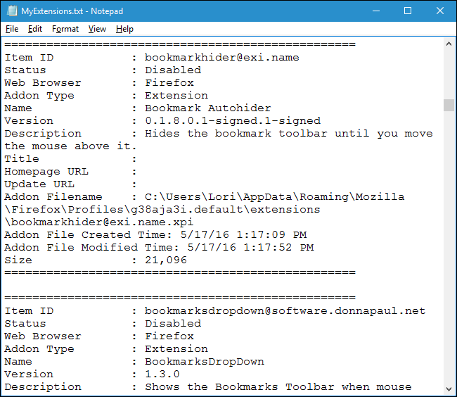 Пример содержимого экспортированного текстового файла