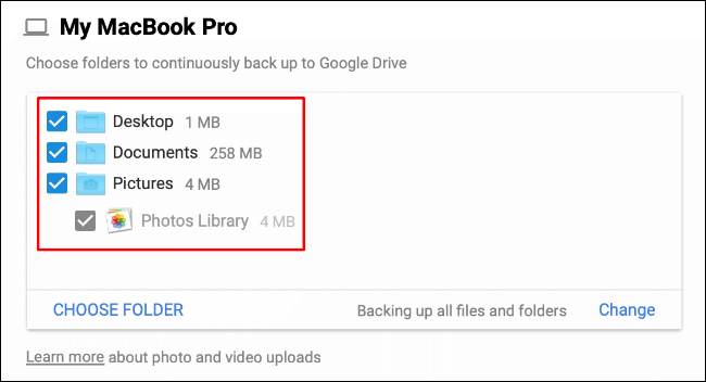 During the Google Drive Backup and Sync set up process, select the folders you wish to sync
