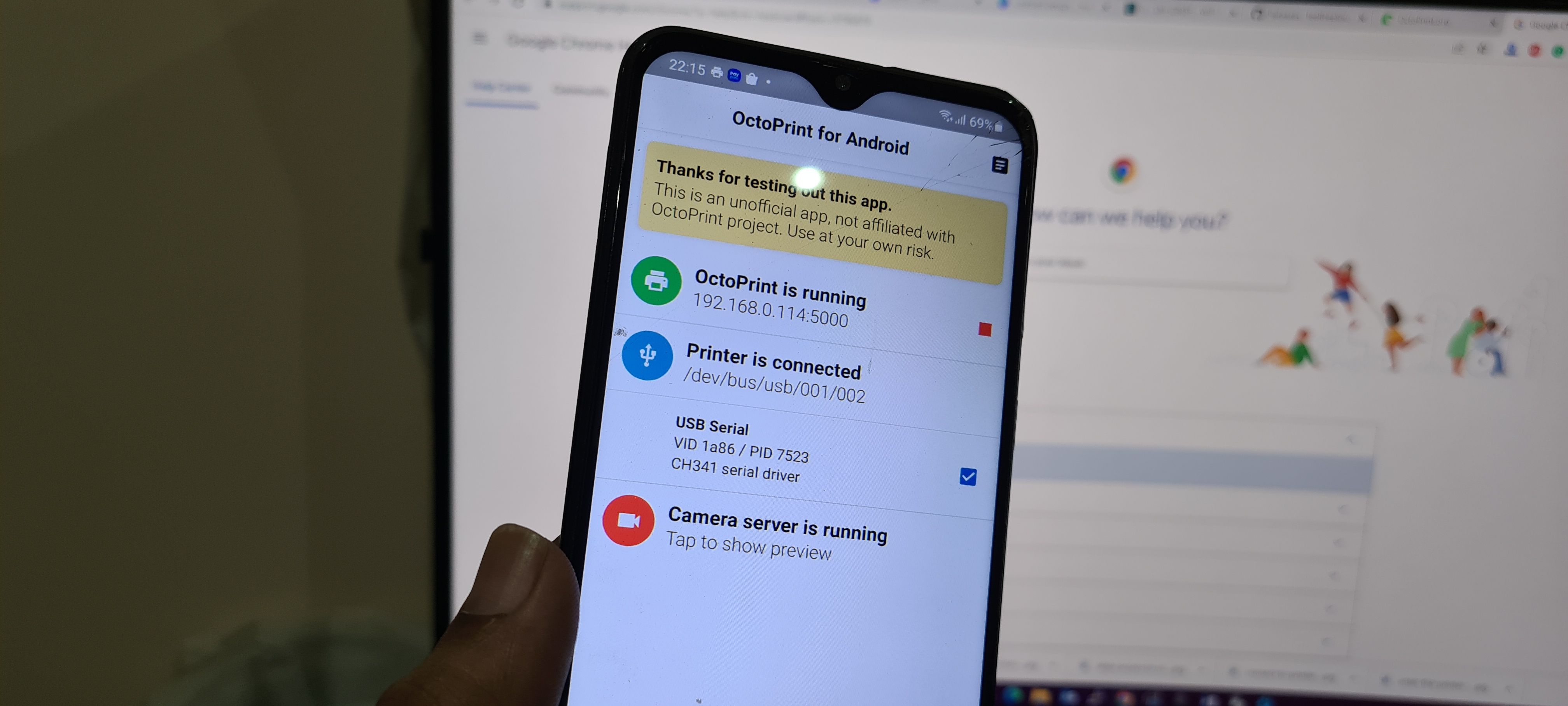 3D‑принтер подключён к Octo4a