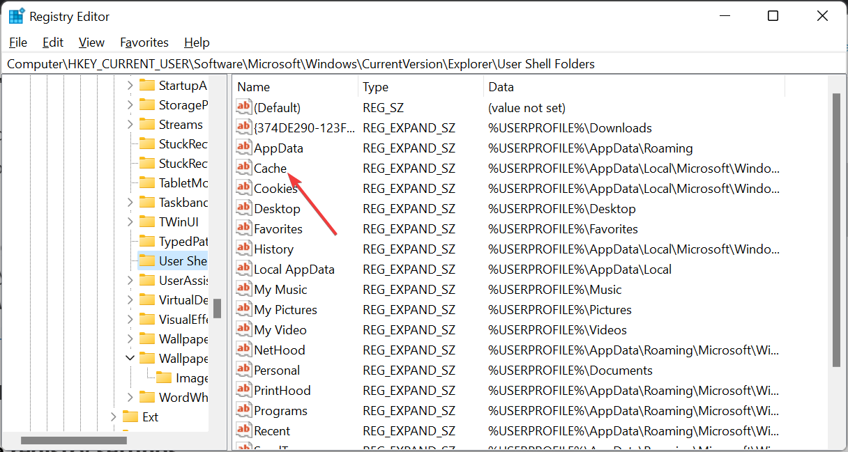 Окно редактирования строкового параметра Cache в реестре.