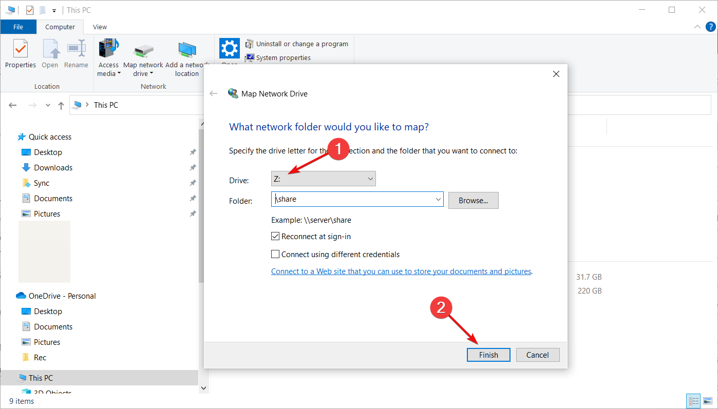 Окно выбора общей папки в Проводнике